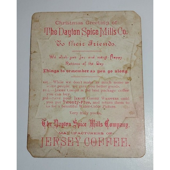Antique Dayton Spice Mills - Jersey Coffee Christmas Victorian Trade Card - Picture 2 of 2